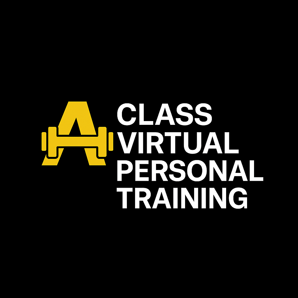 The a-class fitness Virtual Personal Training product photo. A Big A with a dumbbell beside it with a black background.
