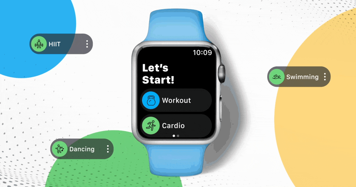 a-class fitness app which connects to the apple watch. the apple watch is a gif in the photo displaying what the app can do. with a white and yellow background.