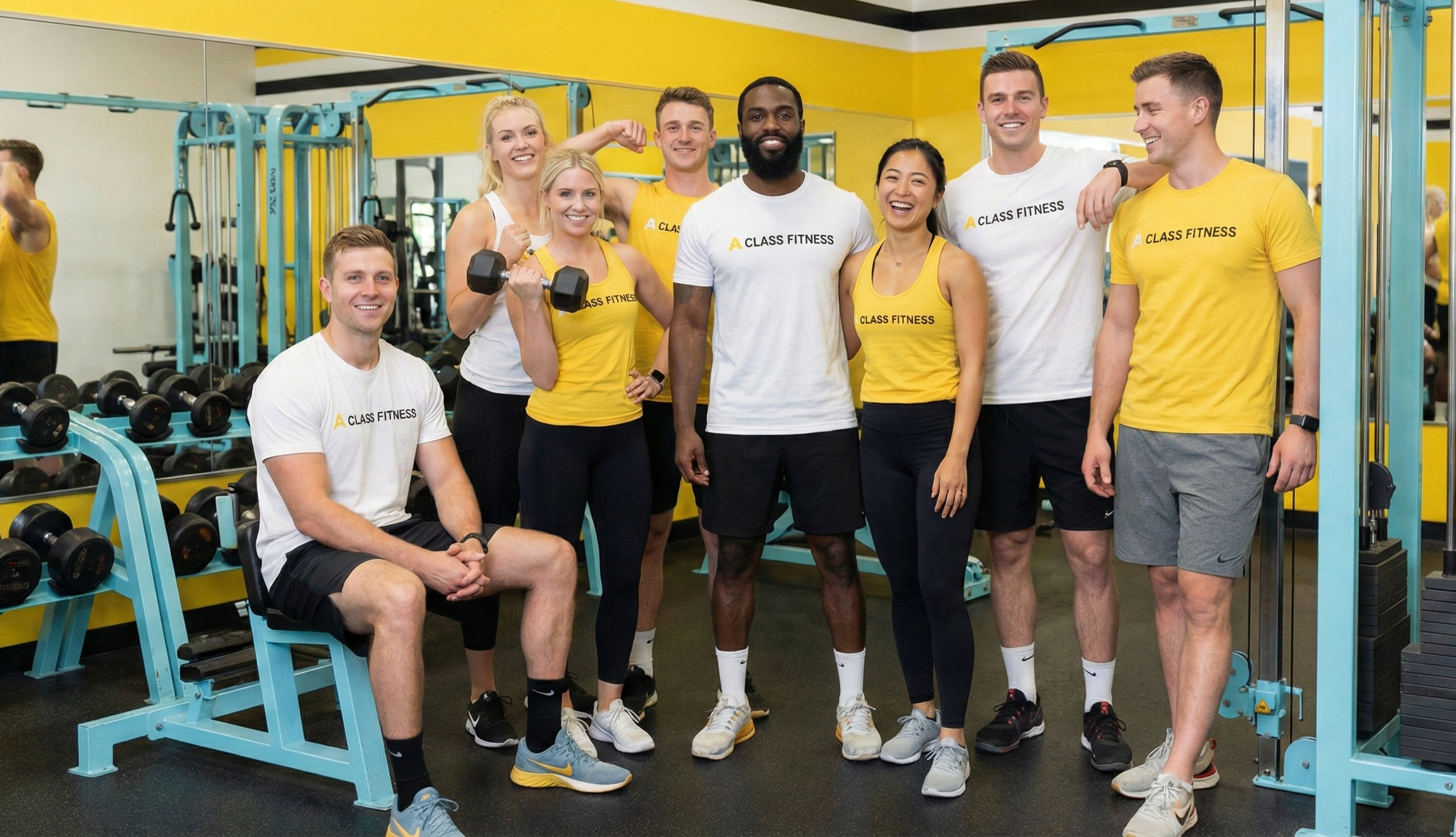 Group of people in fitness attire posing together in a gym.