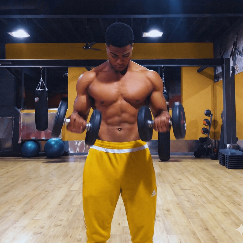 Muscular man lifting dumbbells in a gym setting