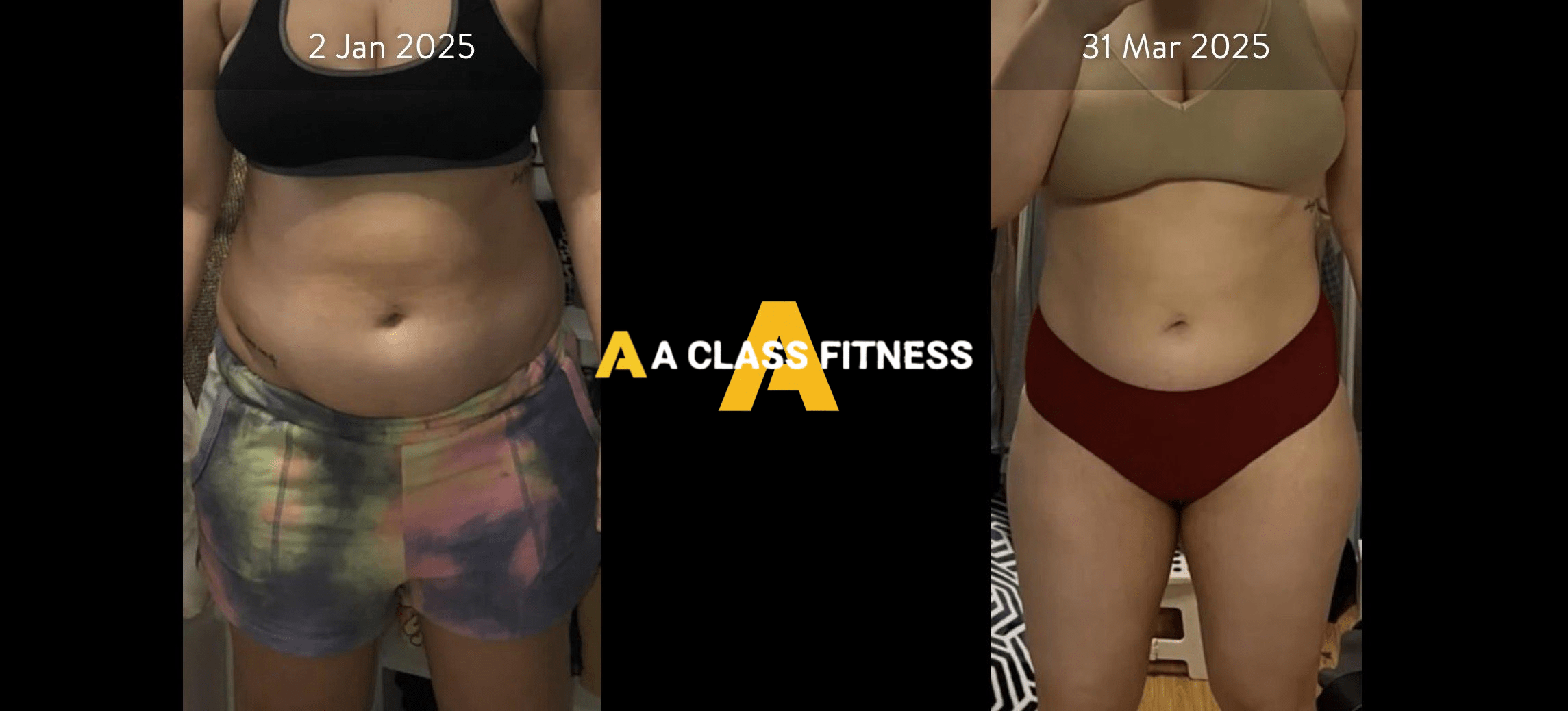 A-Class Fitness online fitness coaching female client transformation. Client lost over 25lbs in 3 months using the mobile fitness app for a-class fitness. The photo has the a-class fitness logo in the middle. It also has the client's start and end date at the top.