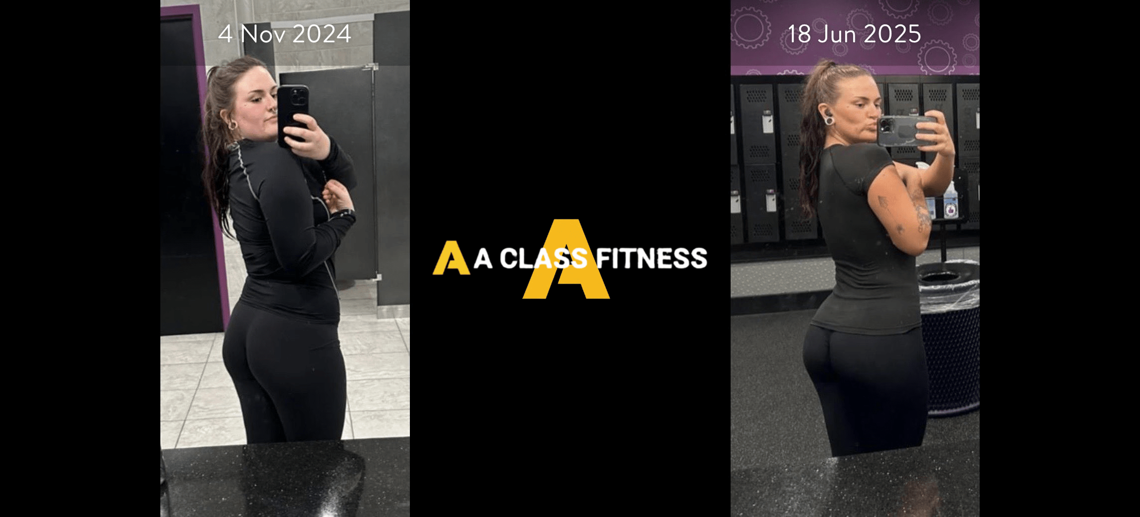 A-Class Fitness online fitness coaching female client transformation. Client gained some weight and grew her glutes using the mobile fitness app for a-class fitness. The photo has the a-class fitness logo in the middle. It also has the client's start and end date at the top.