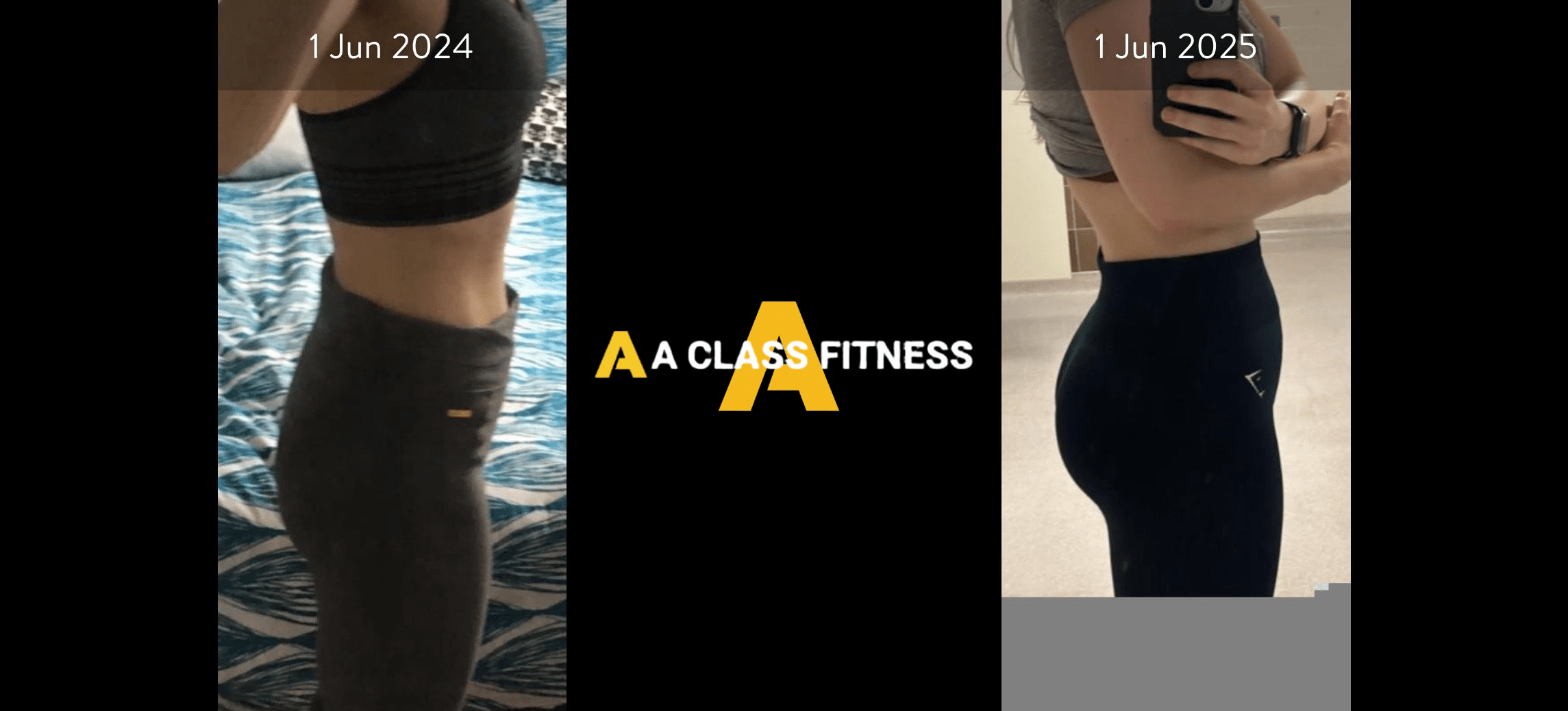 A-Class Fitness online fitness coaching female client who gained around 14lbs of muscle in her glute area in 12 months using the mobile fitness app for a-class fitness. The photo has the a-class fitness logo in the middle. It also has the client's start and end date at the top.