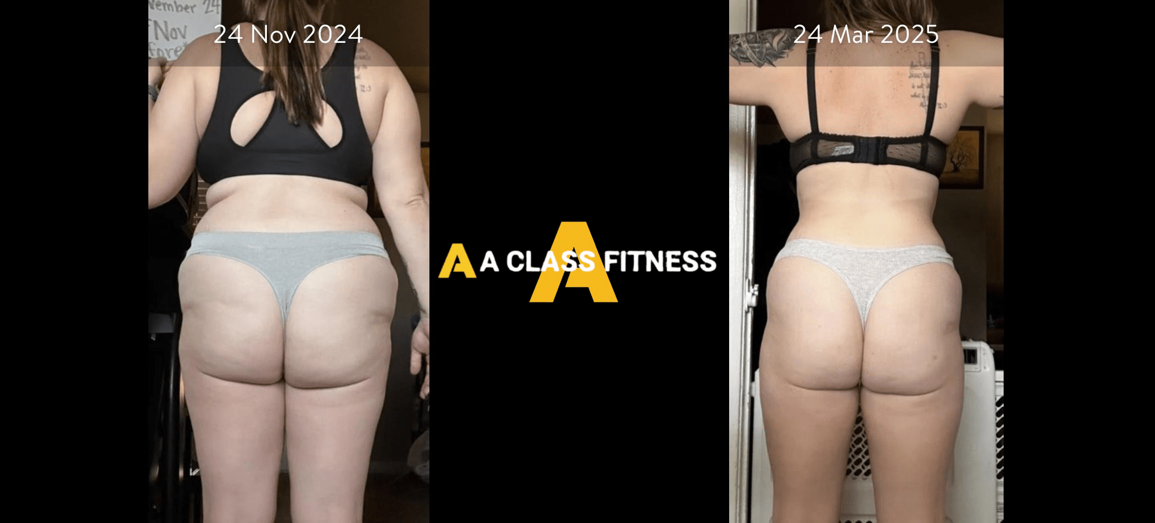 A-Class Fitness virtual personal training female client transformation. Client lost over 29lbs in 4 months using the mobile fitness app for a-class fitness. The photo has the a-class fitness logo in the middle. It also has the client's start and end date at the top.