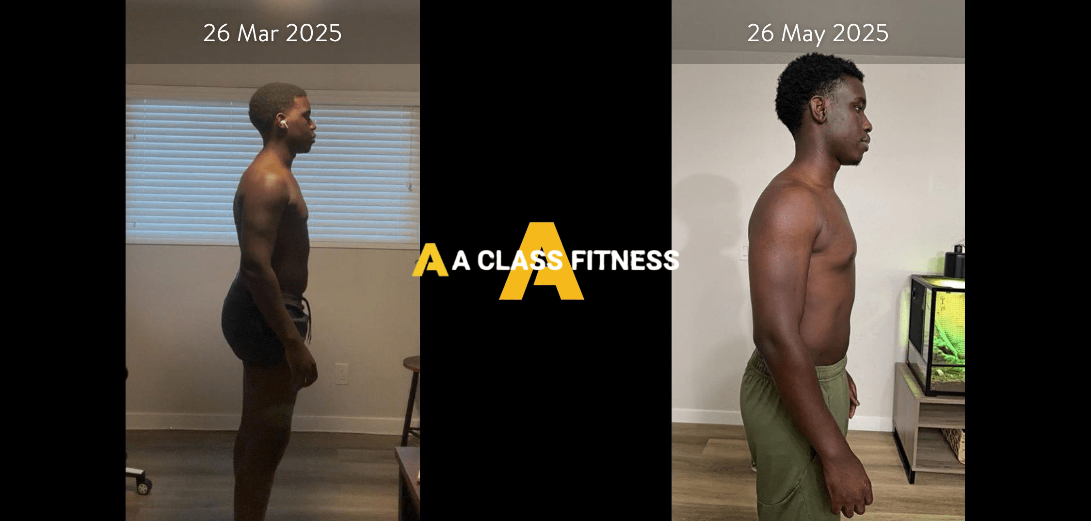Male virtual personal training before and after photos of a transformation thats around 2 months and the client leaned out and burned a lot of fat. The photo has the A-Class Fitness logo between both images. Client's side is facing the camera.