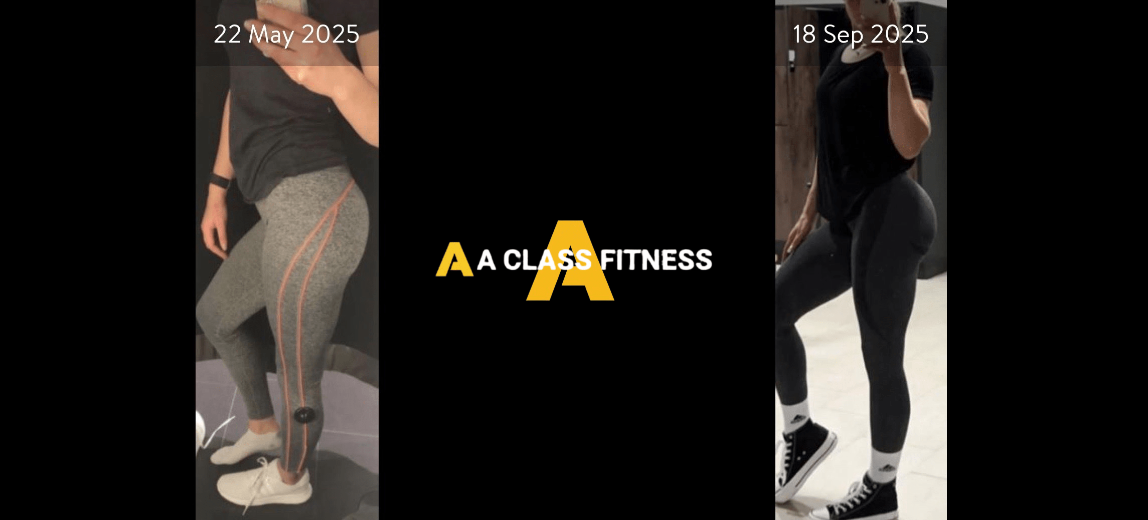A-Class Fitness online personal training female client transformation. Client lost over 8lbs in 4 months and gained glute gains using the mobile fitness app for a-class fitness. The photo has the a-class fitness logo in the middle. It also has the client's start and end date at the top.