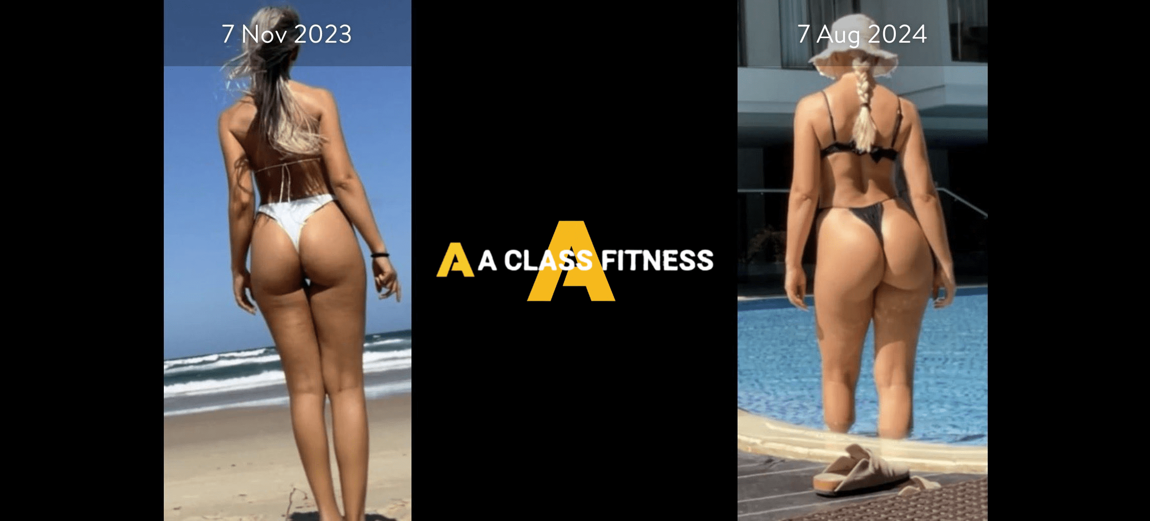 A-Class Fitness online personal training female client transformation. Client gained over 15lbs in 9 months using the mobile fitness app for a-class fitness and focusing on glute gains. The photo has the a-class fitness logo in the middle. It also has the client's start and end date at the top.