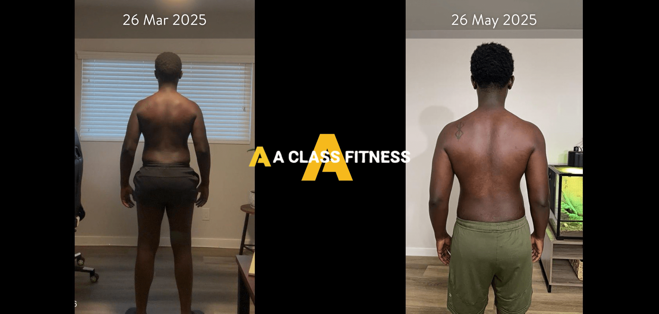 Male virtual personal training before and after photos of a transformation thats around 2 months and the client leaned out and burned a lot of fat. The photo has the A-Class Fitness logo between both images. Client's back is facing the camera.