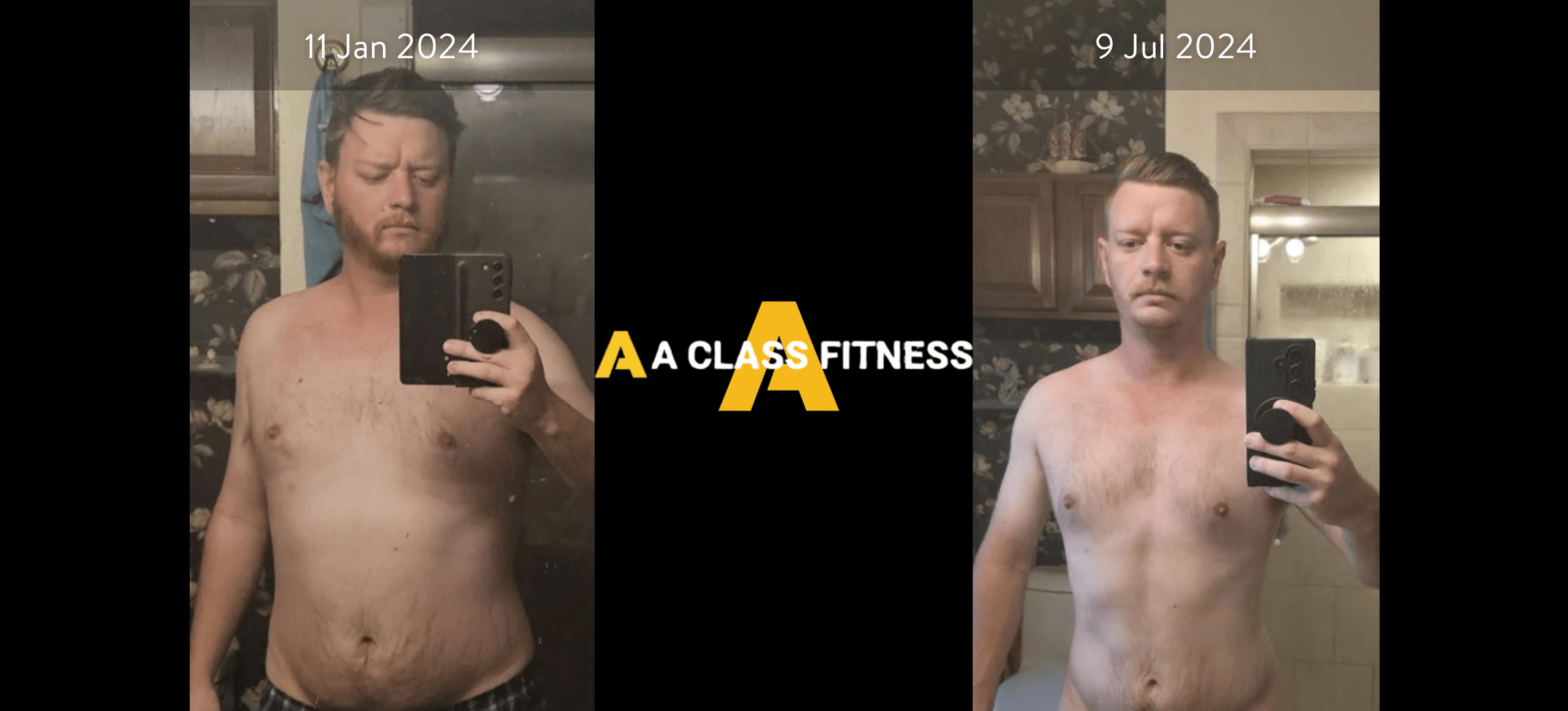 A-Class Fitness online personal training male client transformation. Client lost over 30lbs in 6 months using the mobile fitness app for a-class fitness. The photo has the a-class fitness logo in the middle. It also has the client's start and end date at the top.
