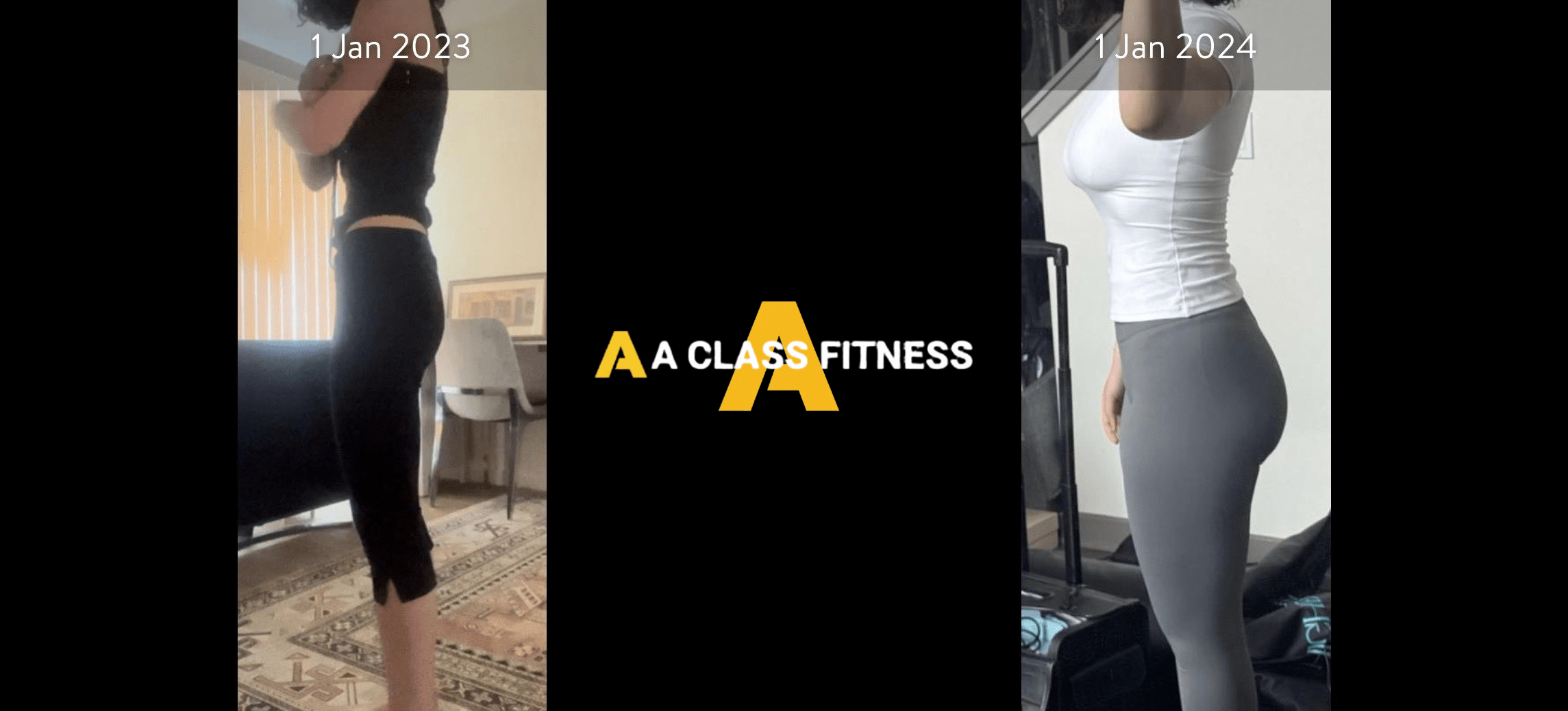 A-Class Fitness personal trainer female client transformation. Client gained over 20lbs in 12 months using the mobile fitness app for a-class fitness. The photo has the a-class fitness logo in the middle. It also has the client's start and end date at the top.