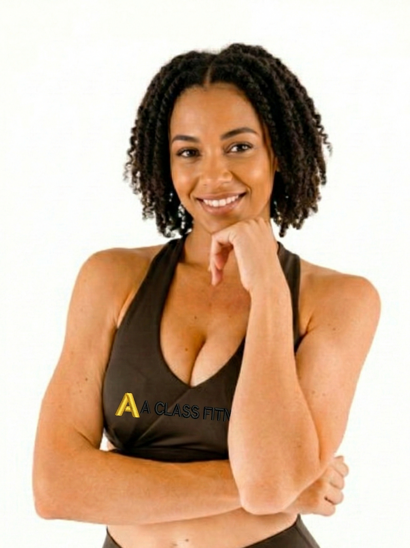 Woman wearing a black sports bra and leggings with a visible brand logo on a white background