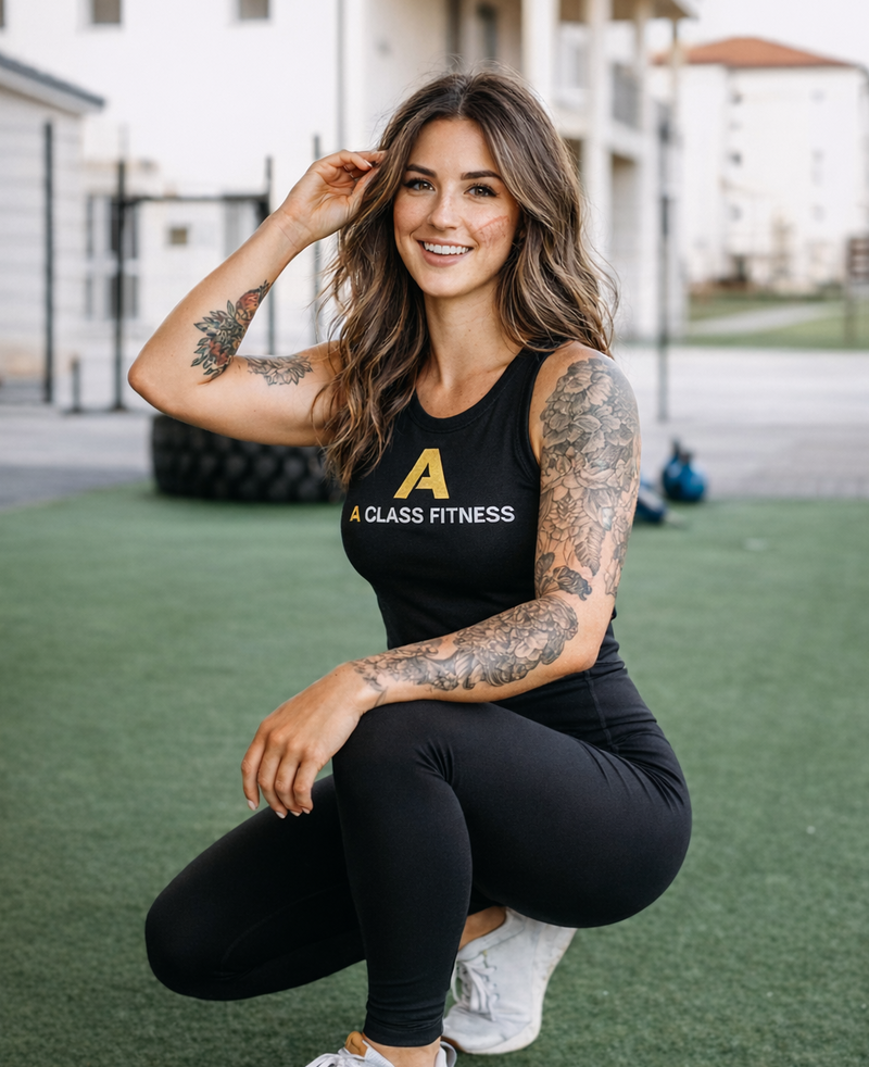Woman in black tank top and leggings squatting outdoors on a sports field.