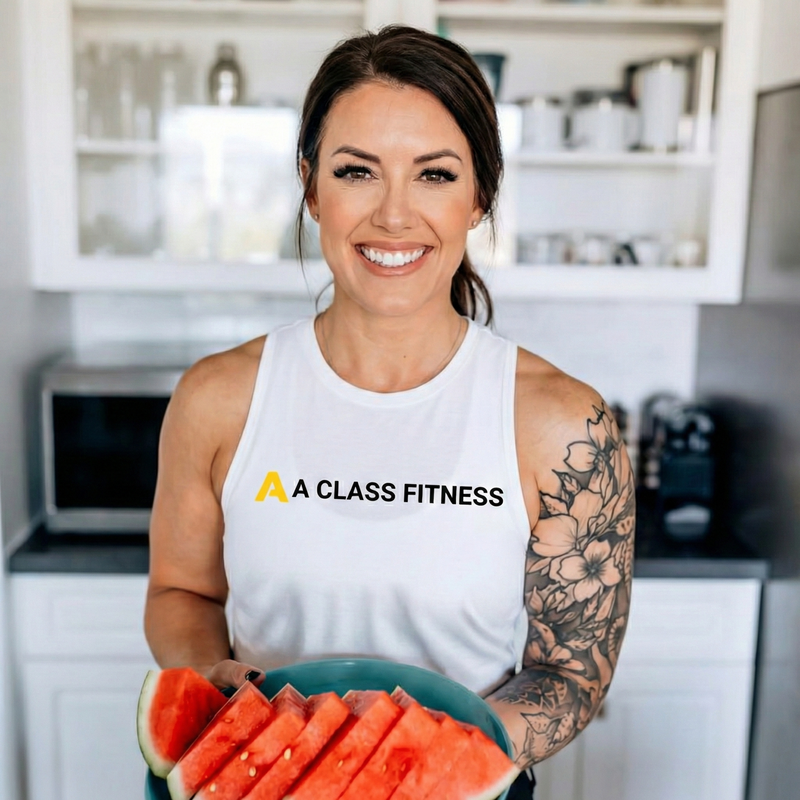 Woman in a white 'A Class Fitness' tank top holding watermelon in a kitchen.