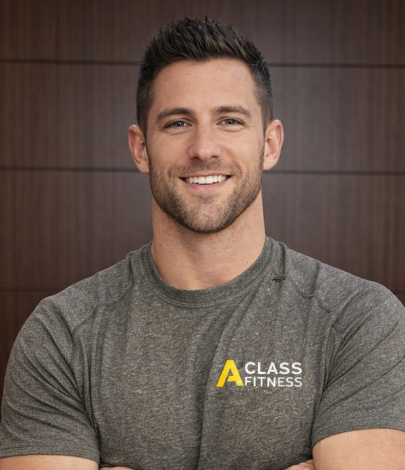 Man wearing a gray 'A Class Fitness' t-shirt with arms crossed against a wooden background