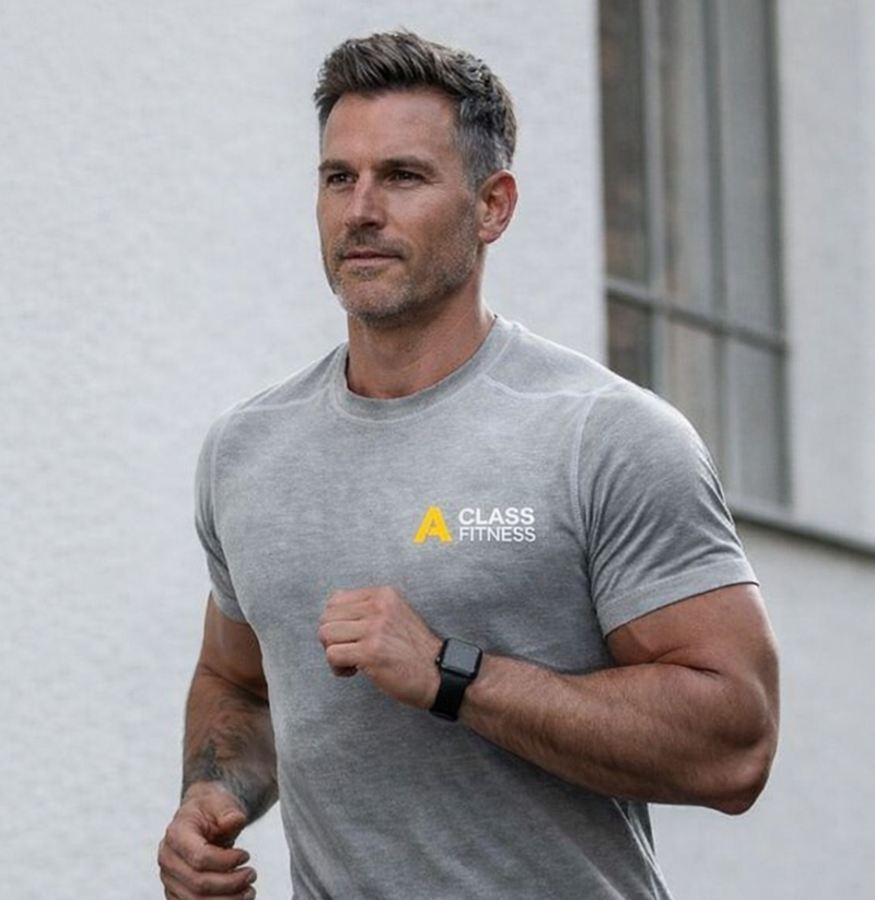Man running outdoors wearing a gray t-shirt with a Class Fitness logo.