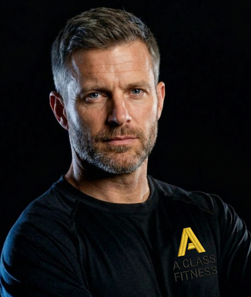 Man wearing a black t-shirt with a logo and text on a dark background