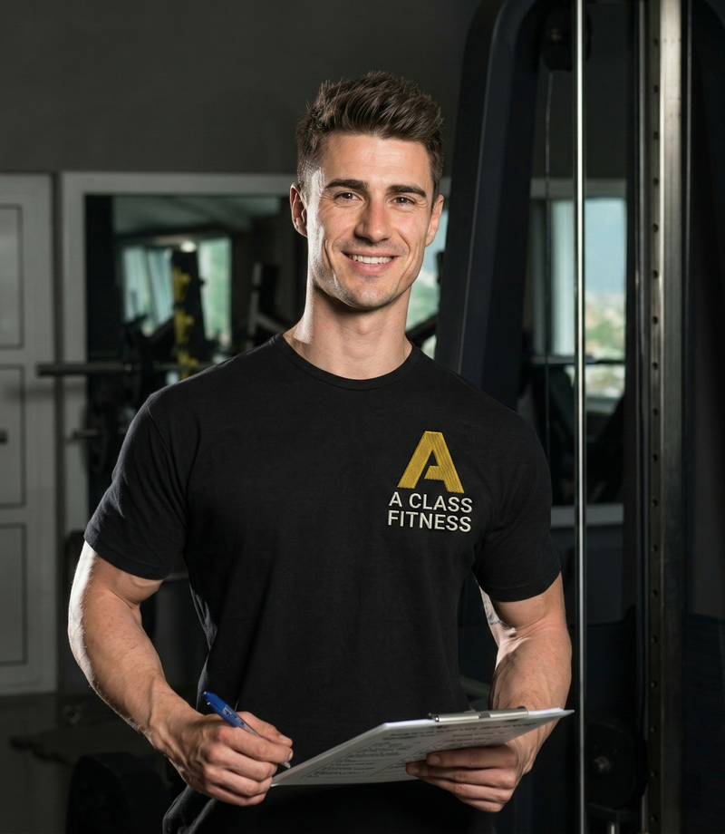Man in a gym wearing a black 'A Class Fitness' t-shirt holding a clipboard.
