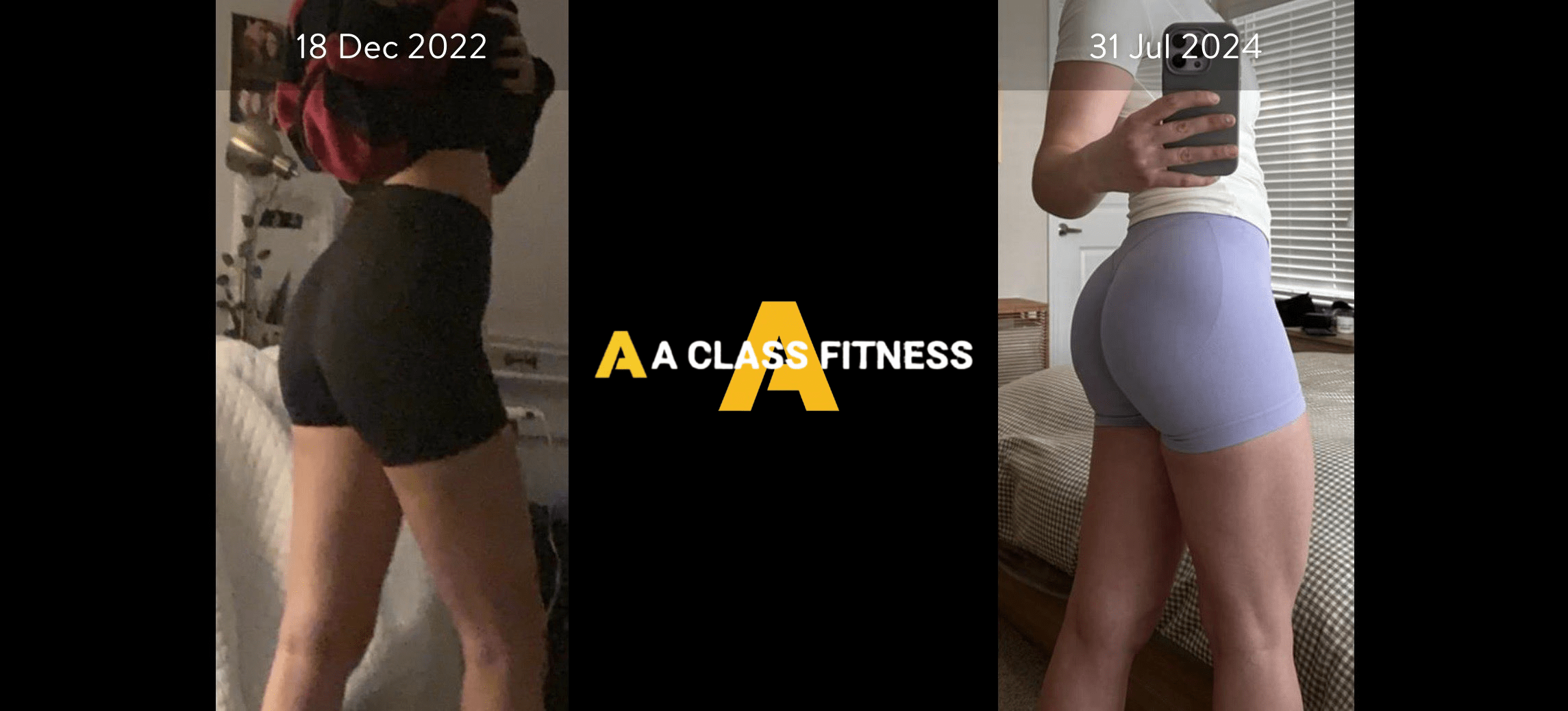 A-Class Fitness personal training female client transformation. Client did a full body recomposition in 2 years using the mobile fitness app for a-class fitness. The photo has the a-class fitness logo in the middle. It also has the client's start and end date at the top of the photo.
