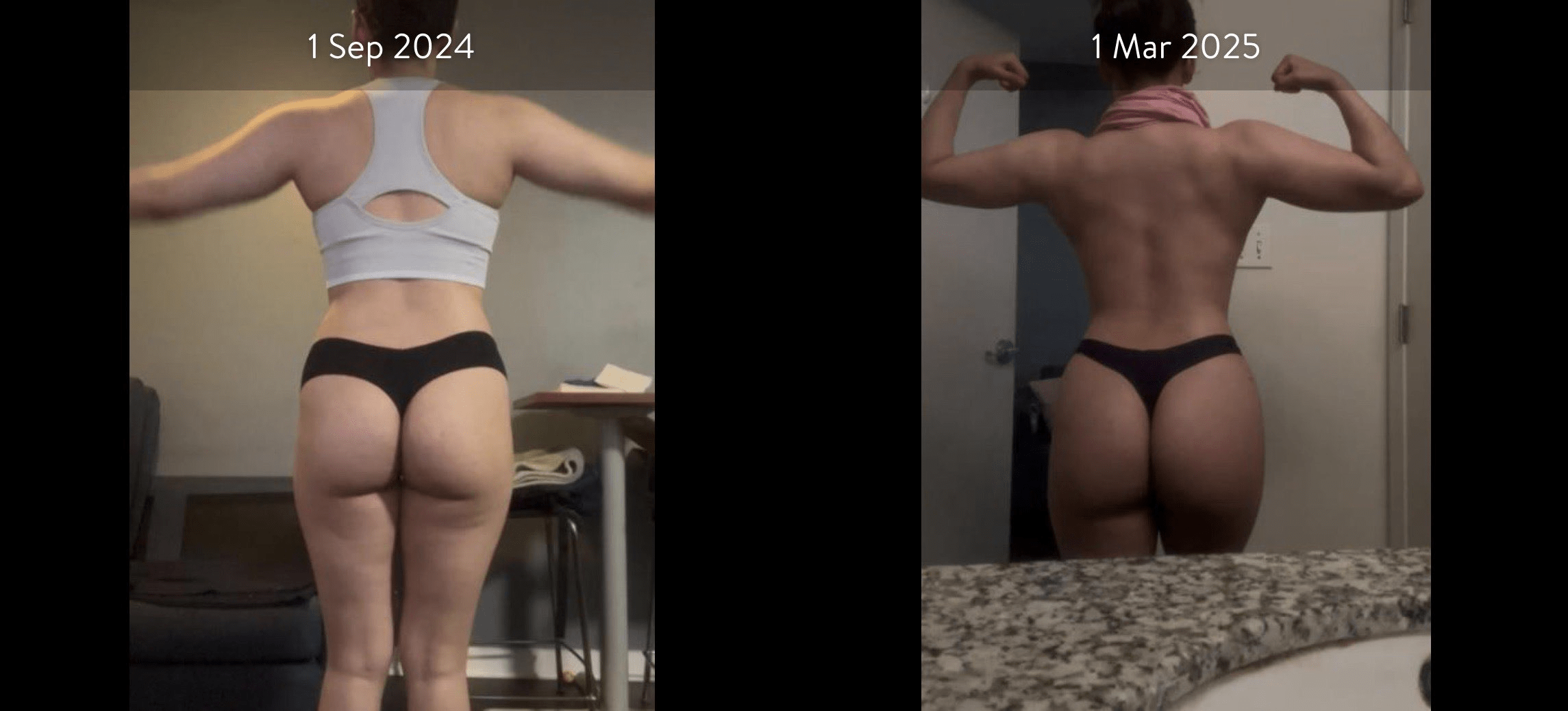 A-Class Fitness personal training female client transformation. Client gained over 15lbs in 6 months and leaned out using the mobile fitness app for a-class fitness. The photo has the a-class fitness logo in the middle. It also has the client's start and end date at the top.