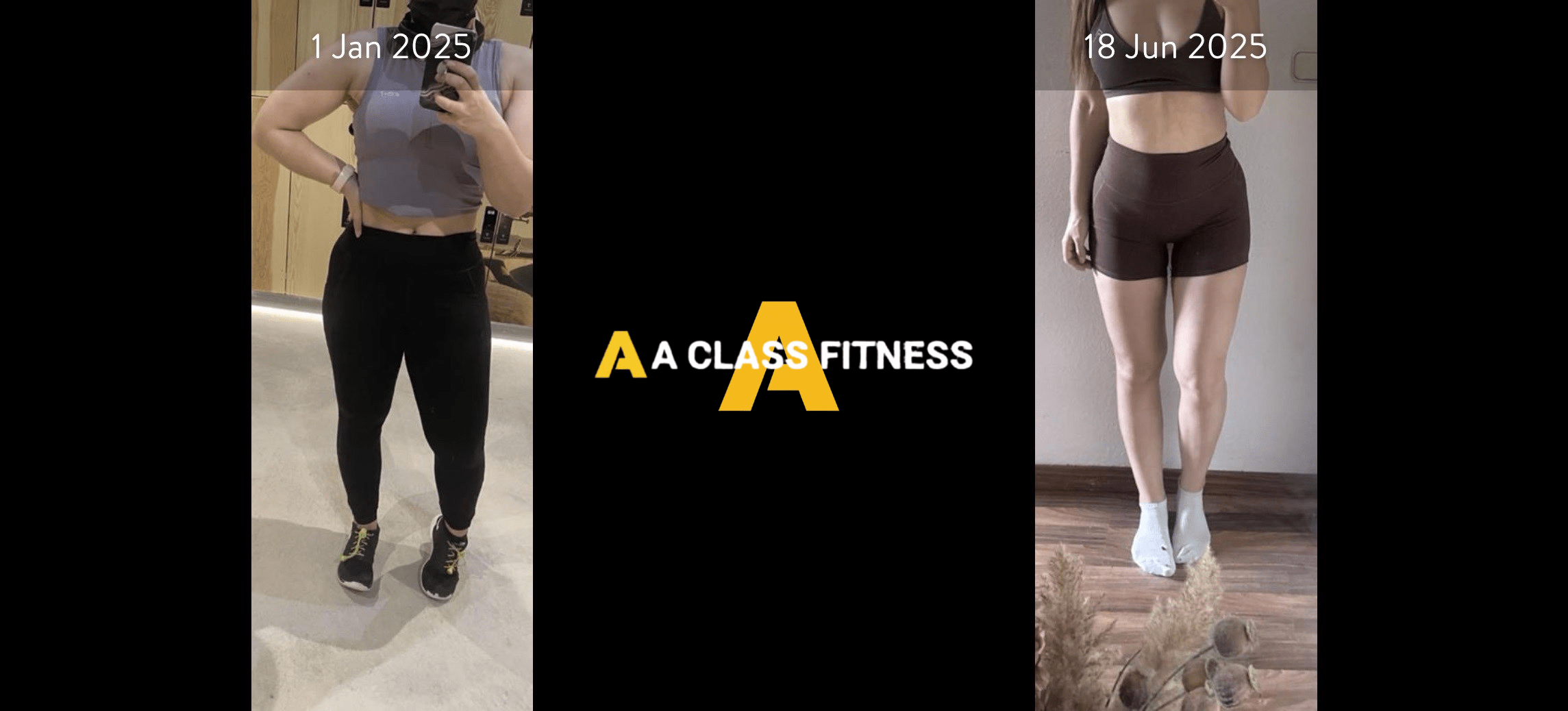 A-Class Fitness personal training female client transformation. Client lost over 14lbs of fat in 6 months using the mobile fitness app for a-class fitness. The photo has the a-class fitness logo in the middle. It also has the client's start and end date at the top.