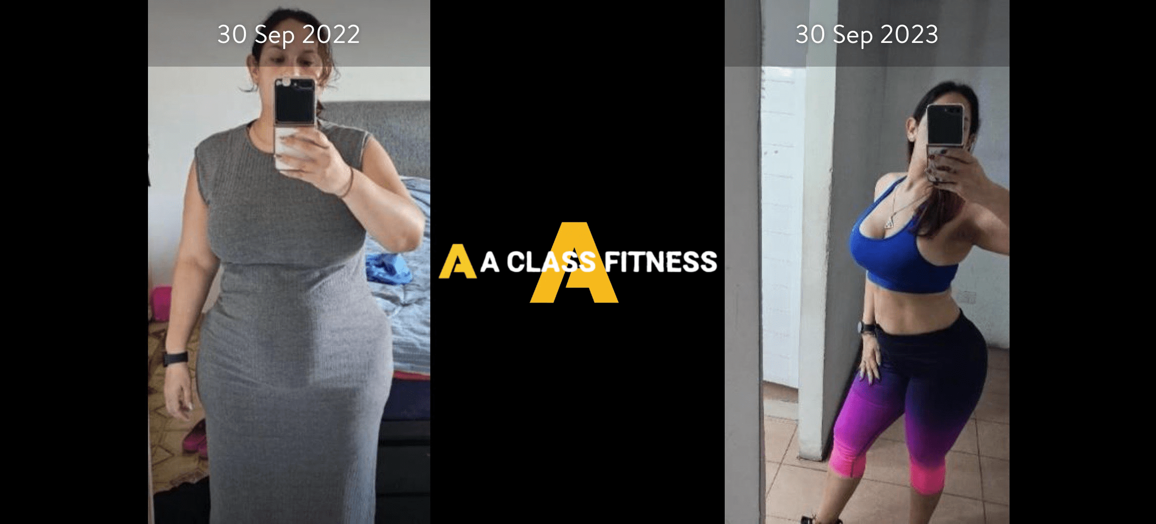 A-Class Fitness virtual personal training female client transformation. Client lost over 35lbs in 12 months and gained a good physique using the mobile fitness app for a-class fitness. The photo has the a-class fitness logo in the middle. It also has the client's start and end date at the top.