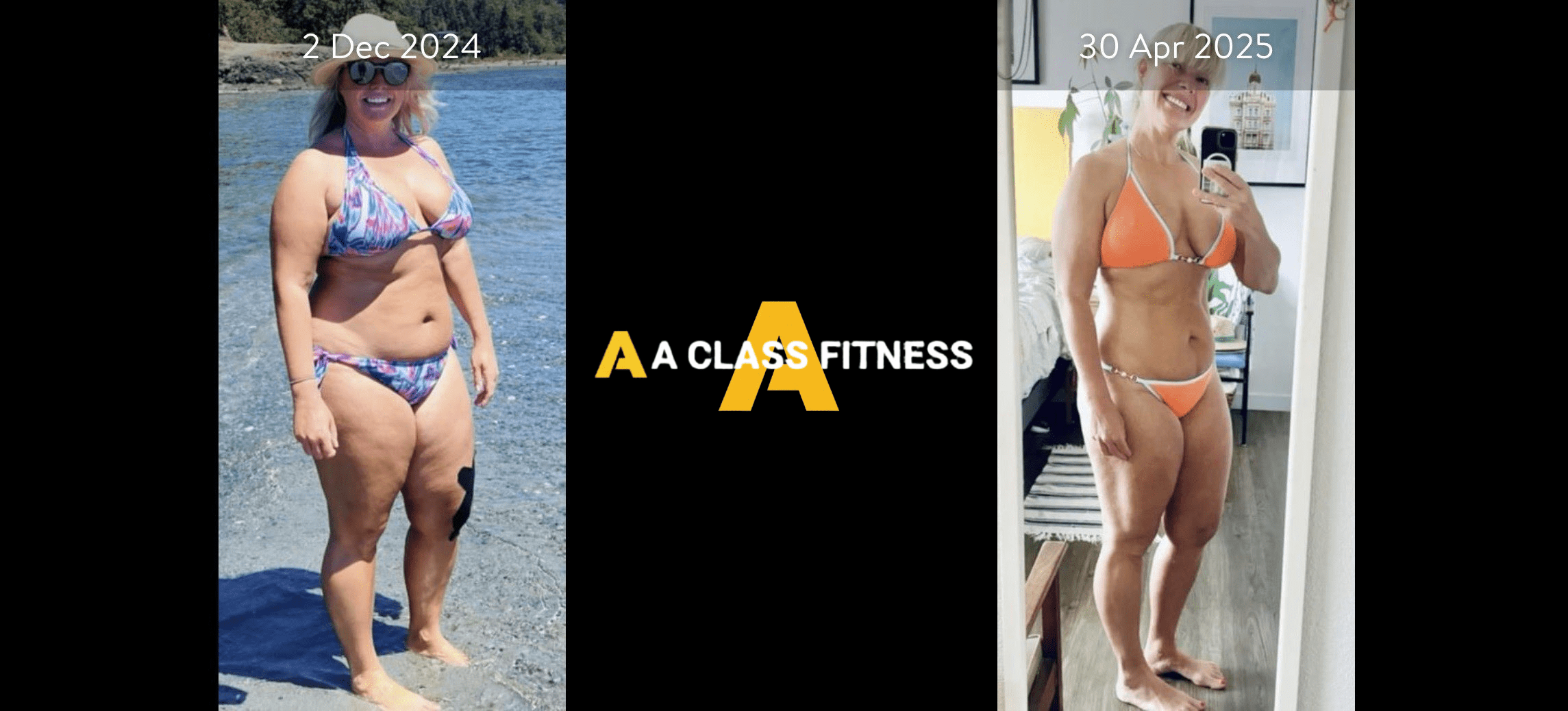 A-Class Fitness virtual personal training female client transformation. She's in her late forties and the client lost over 28 lbs in 4 months using the mobile fitness app for a-class fitness. The photo has the a-class fitness logo in the middle. It also has the client's start and end date at the top.