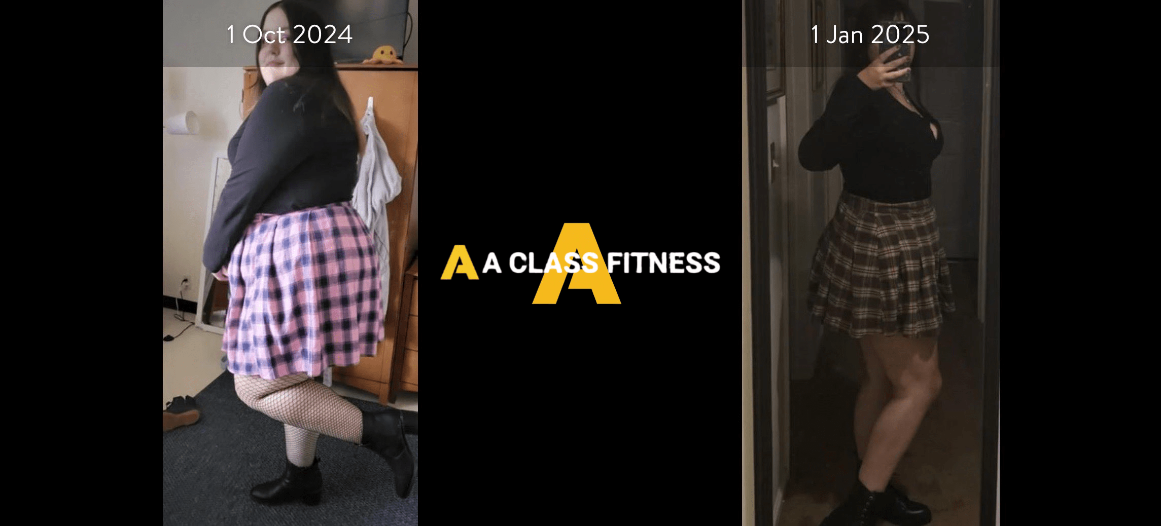 A-Class Fitness virtual personal training female client transformation. Client lost over 42lbs in 3 months using the mobile fitness app for a-class fitness. The photo has the a-class fitness logo in the middle. It also has the client's start and end date at the top.