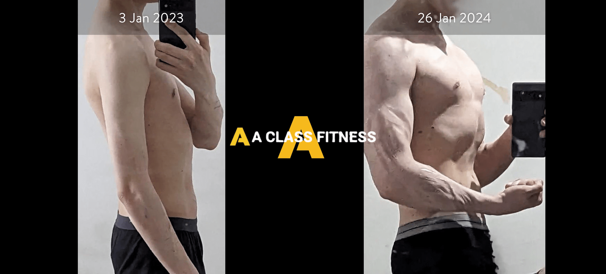 A-Class Fitness virtual personal training male client who gained around 20lbs of muscle in 12 months using the mobile fitness app for a-class fitness. The photo has the a-class fitness logo in the middle. It also has the client's start and end date at the top.