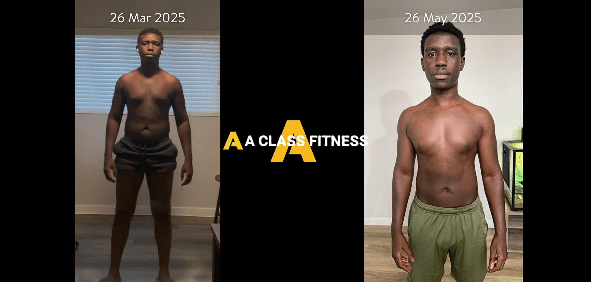 Male virtual personal training before and after photos of a transformation thats around 2 months and the client leaned out and burned a lot of fat. The photo has the A-Class Fitness logo between both images. Client's front is facing the camera.
