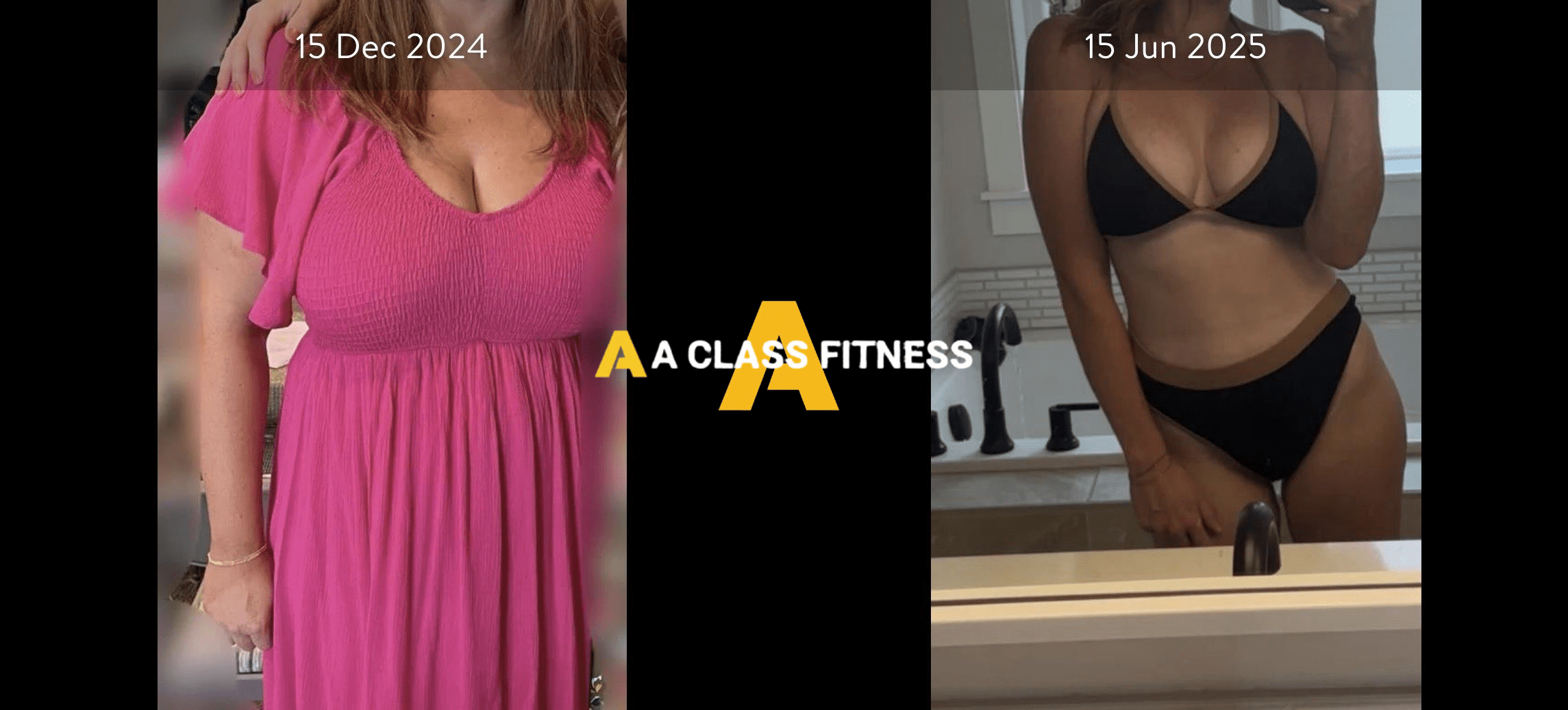 A-Class Fitness virtual personal training female client transformation. Client lost over 60lbs in 13 months using the mobile fitness app for a-class fitness. The photo has the a-class fitness logo in the middle. It also has the client's start and end date at the top.