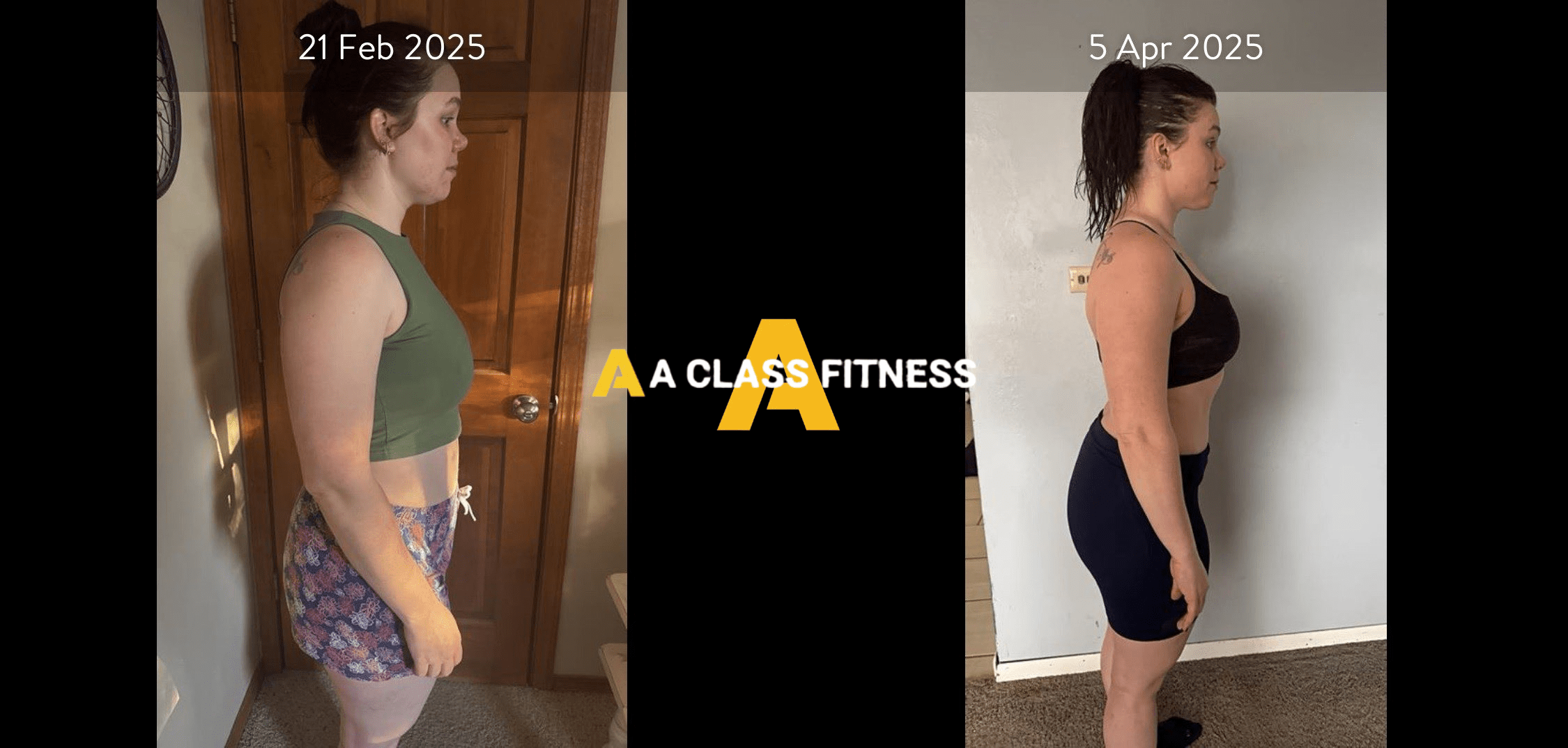Female virtual personal trainings before and after photos of a transformation that lost a few lbs and lots of belly fat loss in a month and a half with the A Class Fitness logo between both images. Client's side is facing the camera.
