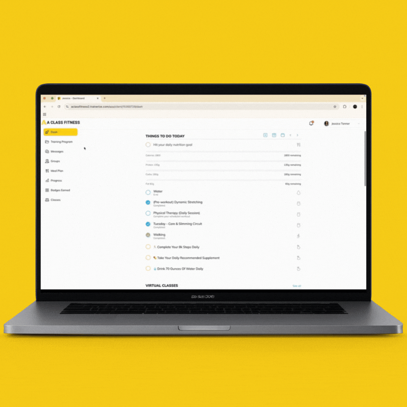 a-class fitness web app gif. on a laptop screen and a yellow background.