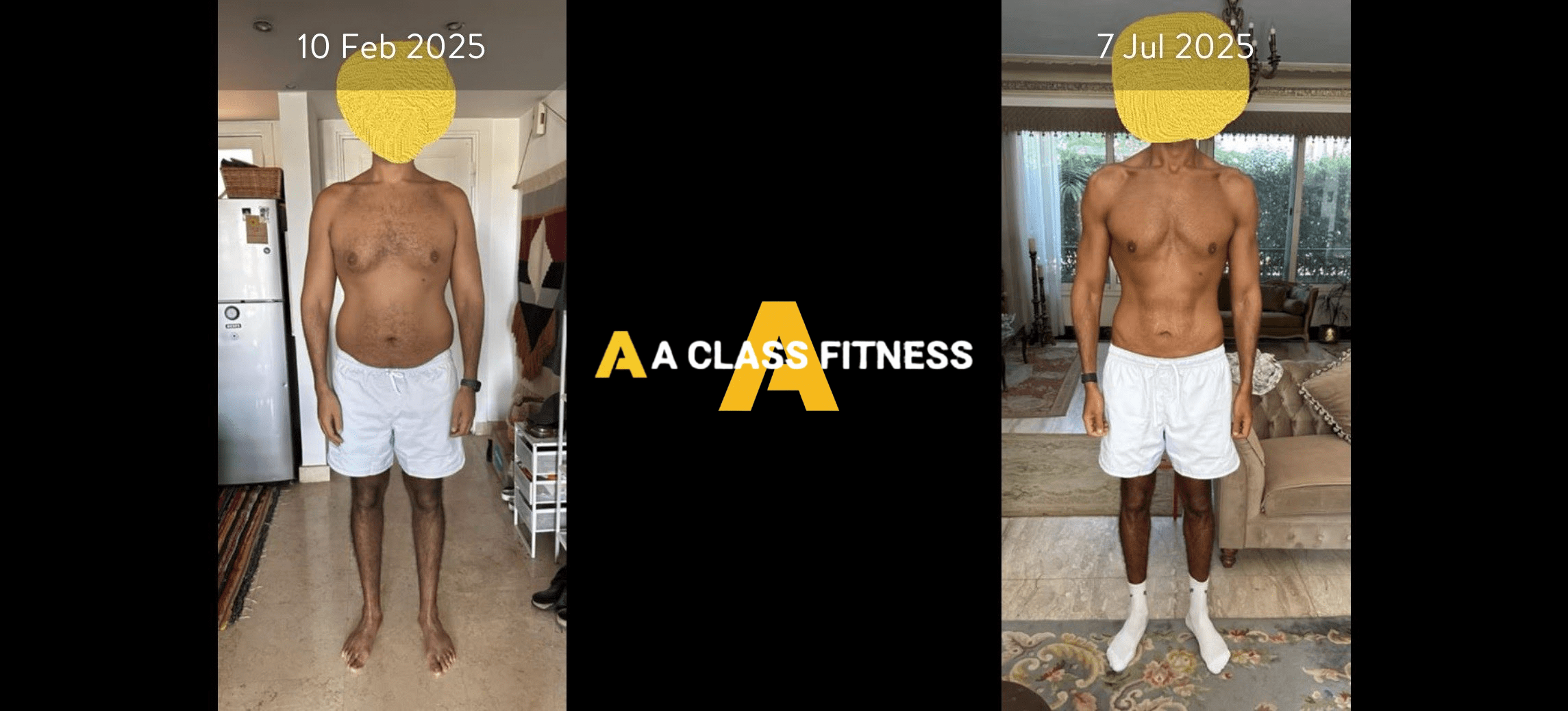 A-Class Fitness online personal trainers male client transformation who lost around 17lbs of fat in 5 months using the mobile fitness app for a-class fitness. The photo has the a-class fitness logo in the middle. It also has the client's start and end date at the top.