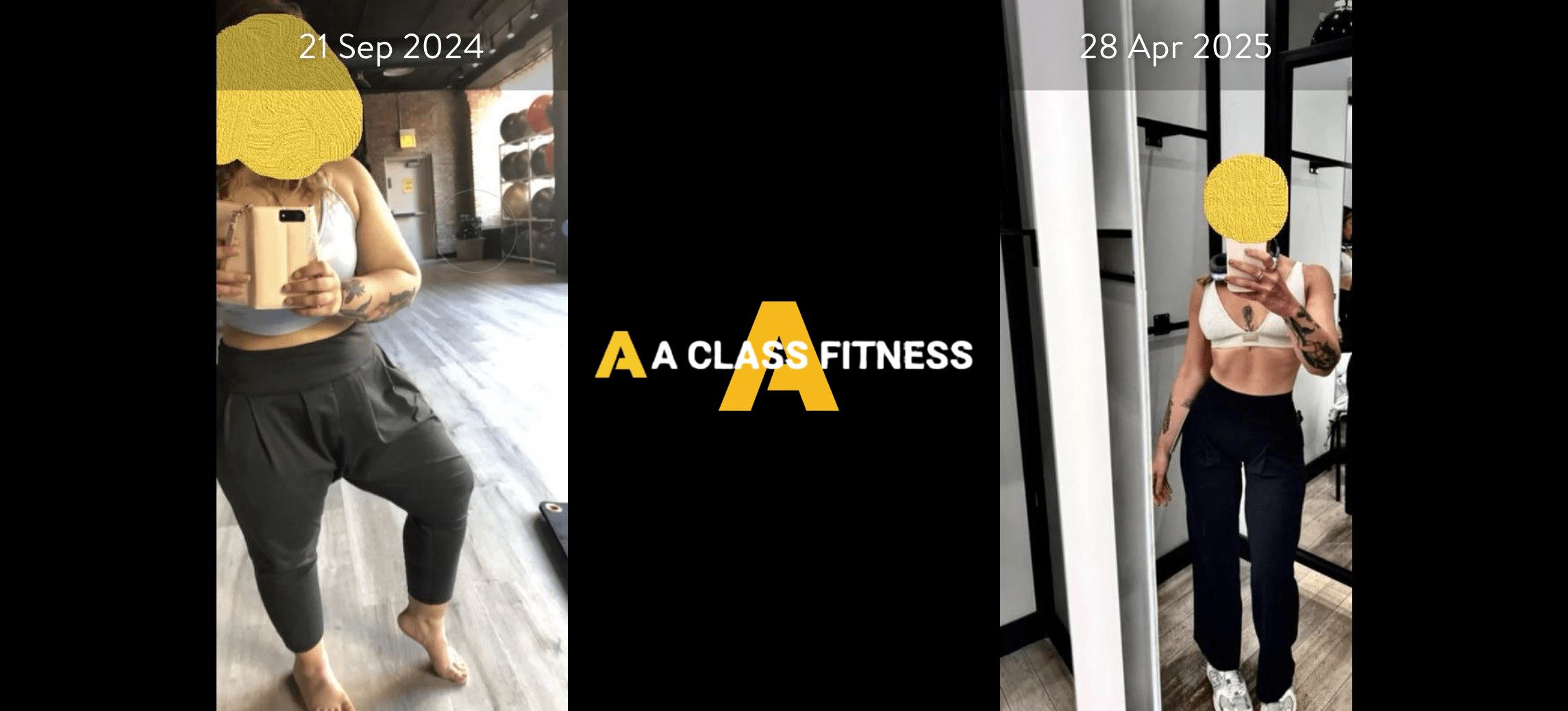 A-Class Fitness online personal trainers female client transformation. Client lost over 40lbs in 7 months using the mobile fitness app for a-class fitness. The photo has the a-class fitness logo in the middle. It also has the client's start and end date at the top.