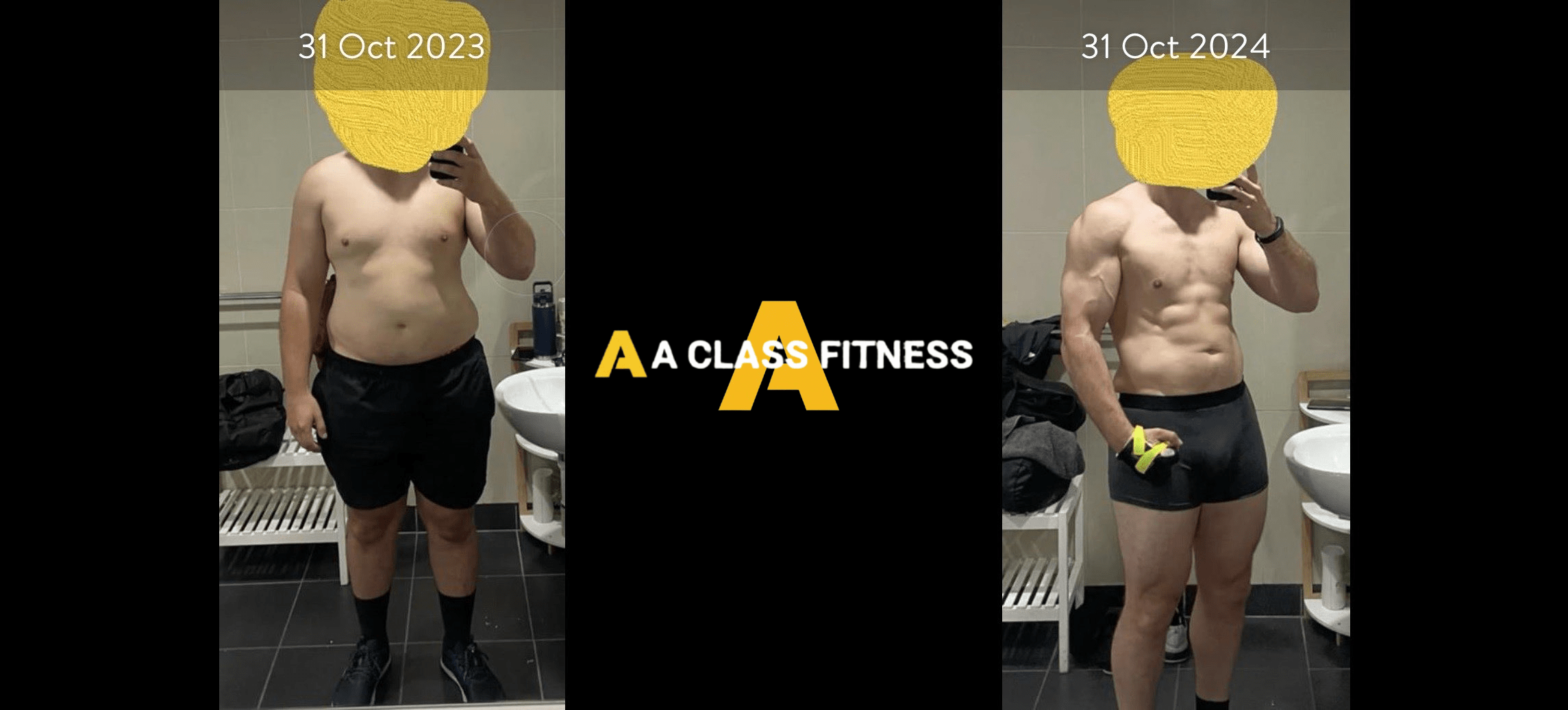 A-Class Fitness online personal training male client transformation. Client did a full body recomposition in 1 year using the mobile fitness app for a-class fitness. The photo has the a-class fitness logo in the middle. It also has the client's start and end date at the top.