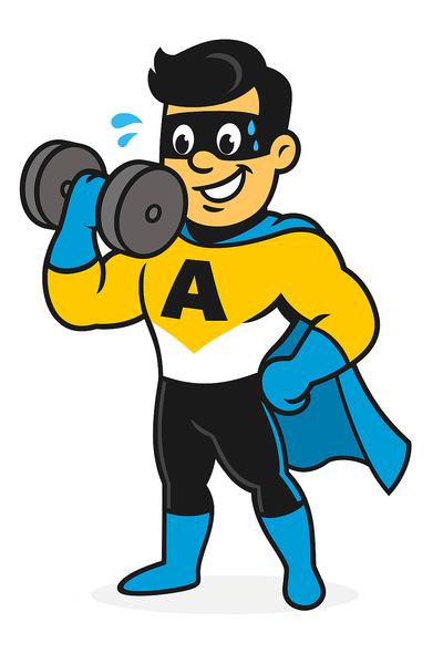 A-class fitness mascot superhero character lifting weights on a white background