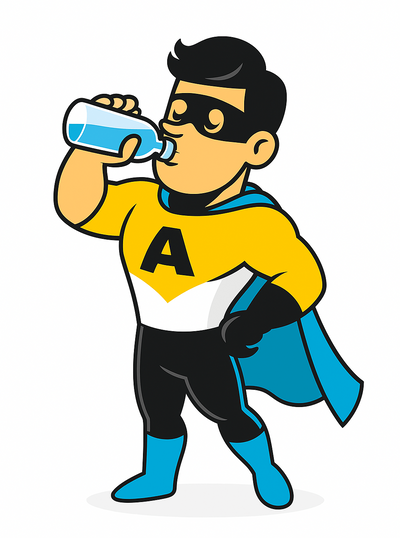 A-class fitness mascot superhero character drinking from a water bottle on a white background