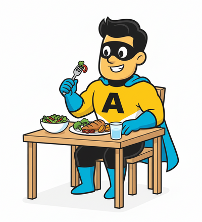 A-class fitness mascot superhero character eating a meal at a table with a white background