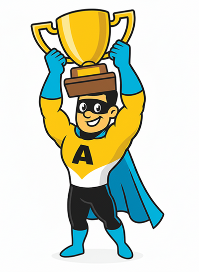 A-class fitness mascot superhero character holding a trophy on a white background