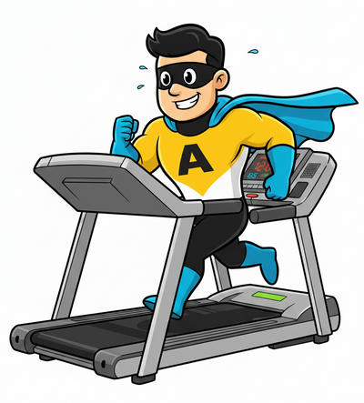 A-class fitness mascot superhero character running on a treadmill with a white background