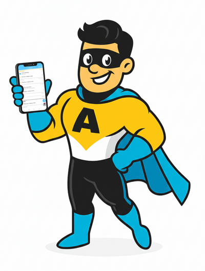 A-class fitness mascot superhero character holding a smartphone on a white background