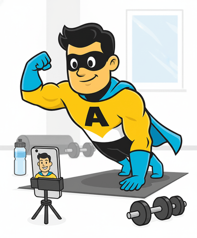 A-class fitness mascot superhero character in a gym setting with exercise equipment and a smartphone.