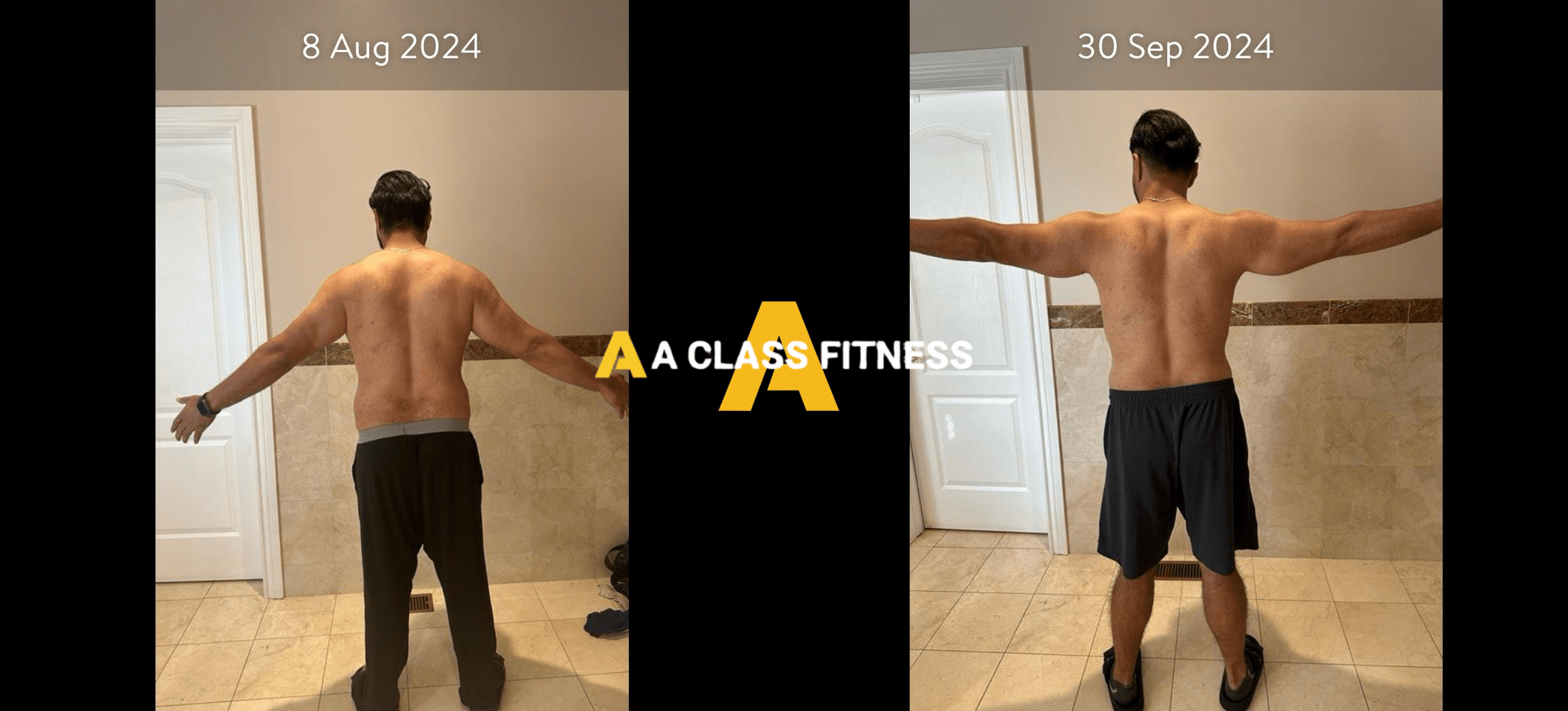 Male virtual fitness training before and after photos of a transformation thats around 2 months and the client lost fat, around 12lbs. And gained a lot of muscle. The photo has the A-Class Fitness logo between both images. Client's back is facing the camera.