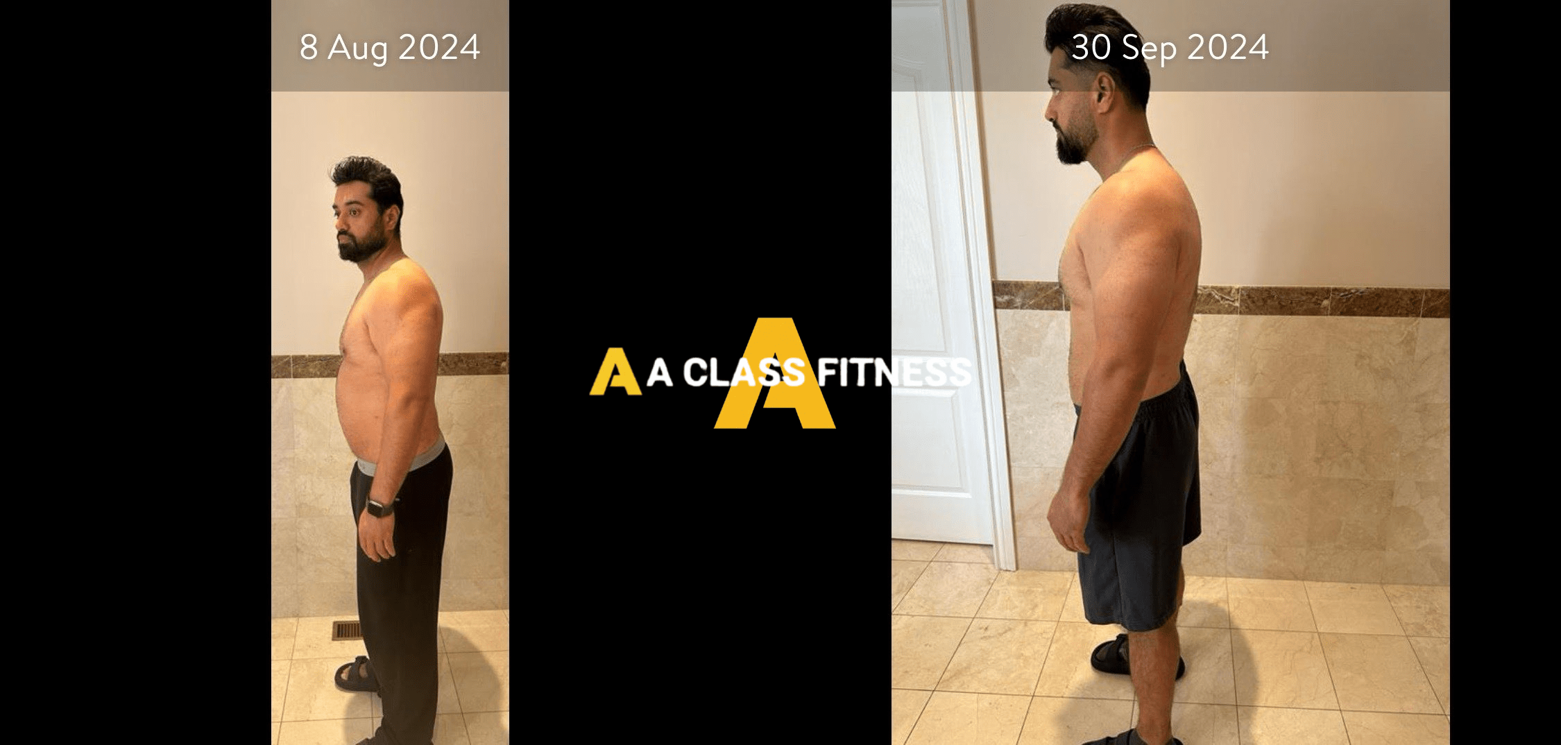 Male virtual fitness training before and after photos of a transformation thats around 2 months and the client lost fat, around 12lbs. And gained a lot of muscle. The photo has the A-Class Fitness logo between both images. Client's side is facing the camera.