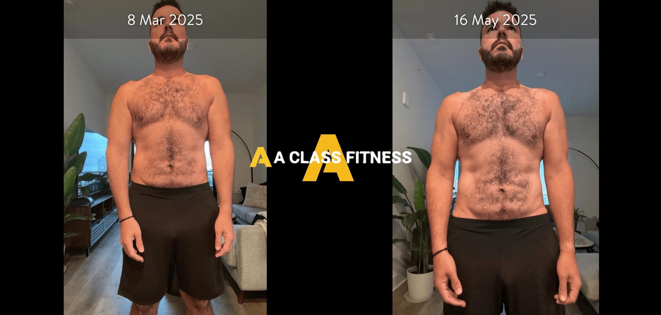 Male personal training before and after photos of a transformation thats around 2 months and the client leaned out and burned a lot of fat. The photo has the A-Class Fitness logo between both images. Client's front is facing the camera.