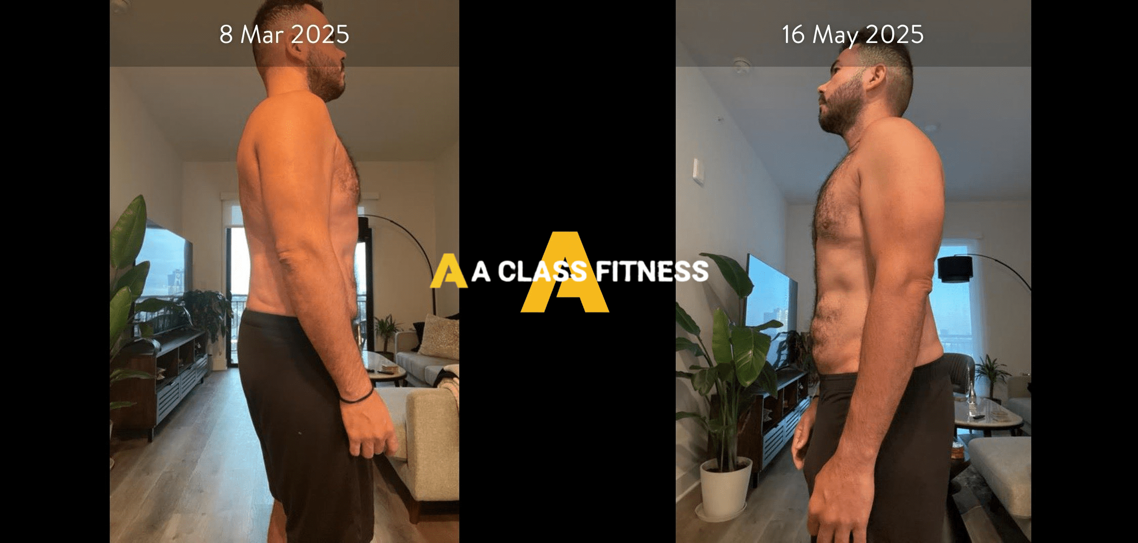 Male personal training before and after photos of a transformation thats around 2 months and the client leaned out and burned a lot of fat. The photo has the A-Class Fitness logo between both images. Client's side is facing the camera.