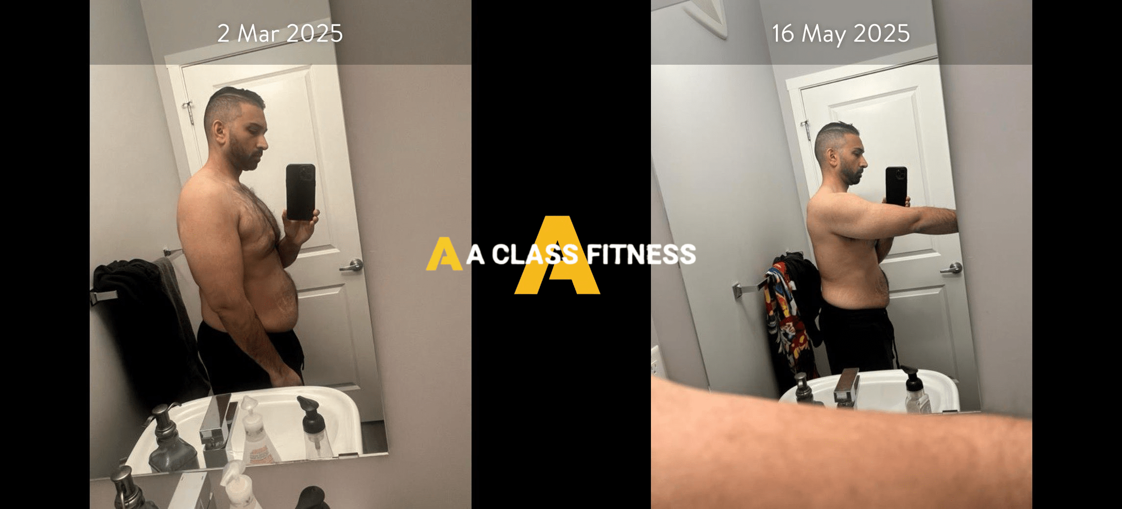 Male virtual fitness training before and after photos of a transformation thats around 2 months and the client lost a lot of weight, around 20lbs. The photo has the A-Class Fitness logo between both images. Client's side is facing the camera.