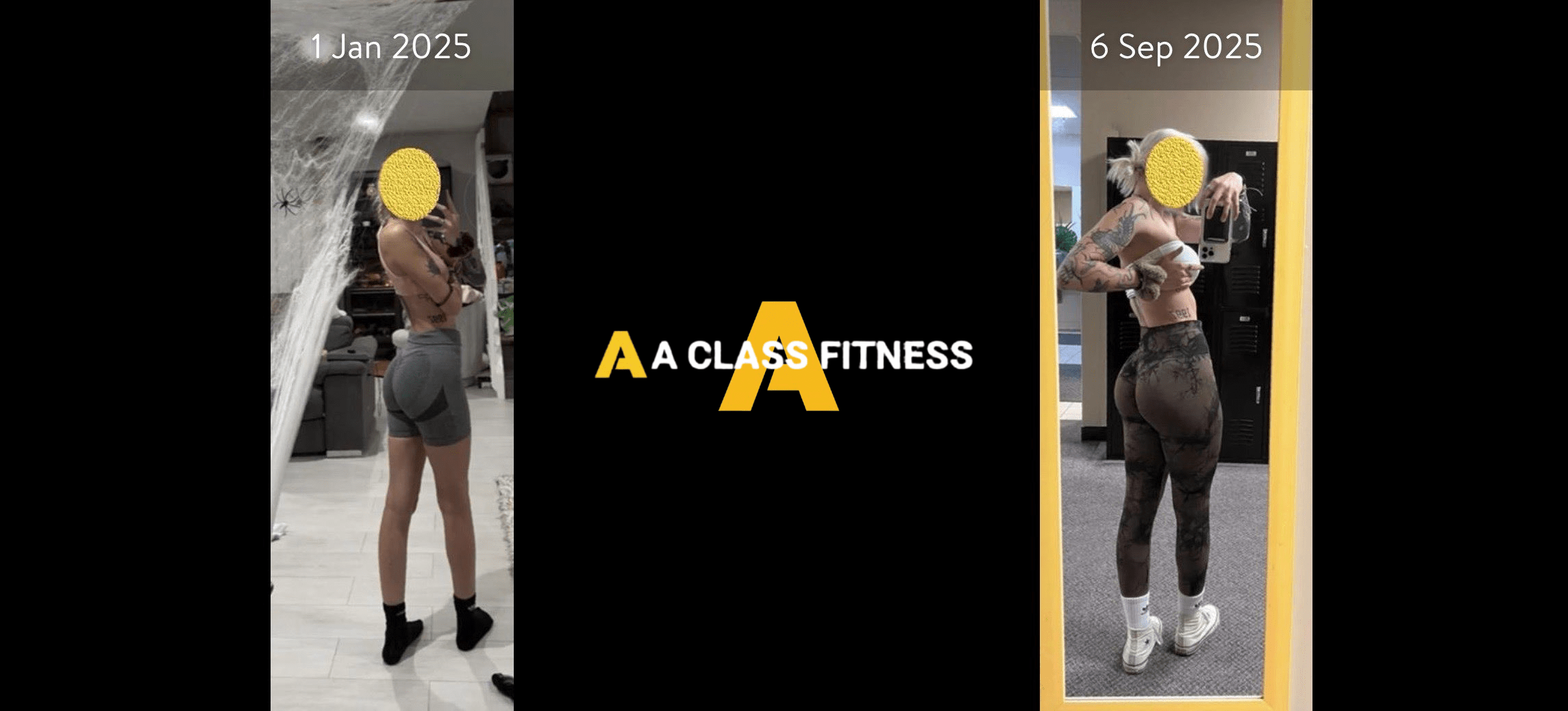 A-Class Fitness online personal training female client transformation. Client gained over 20lbs in 8 months using the mobile fitness app for a-class fitness. The photo has the a-class fitness logo in the middle. It also has the client's start and end date at the top.
