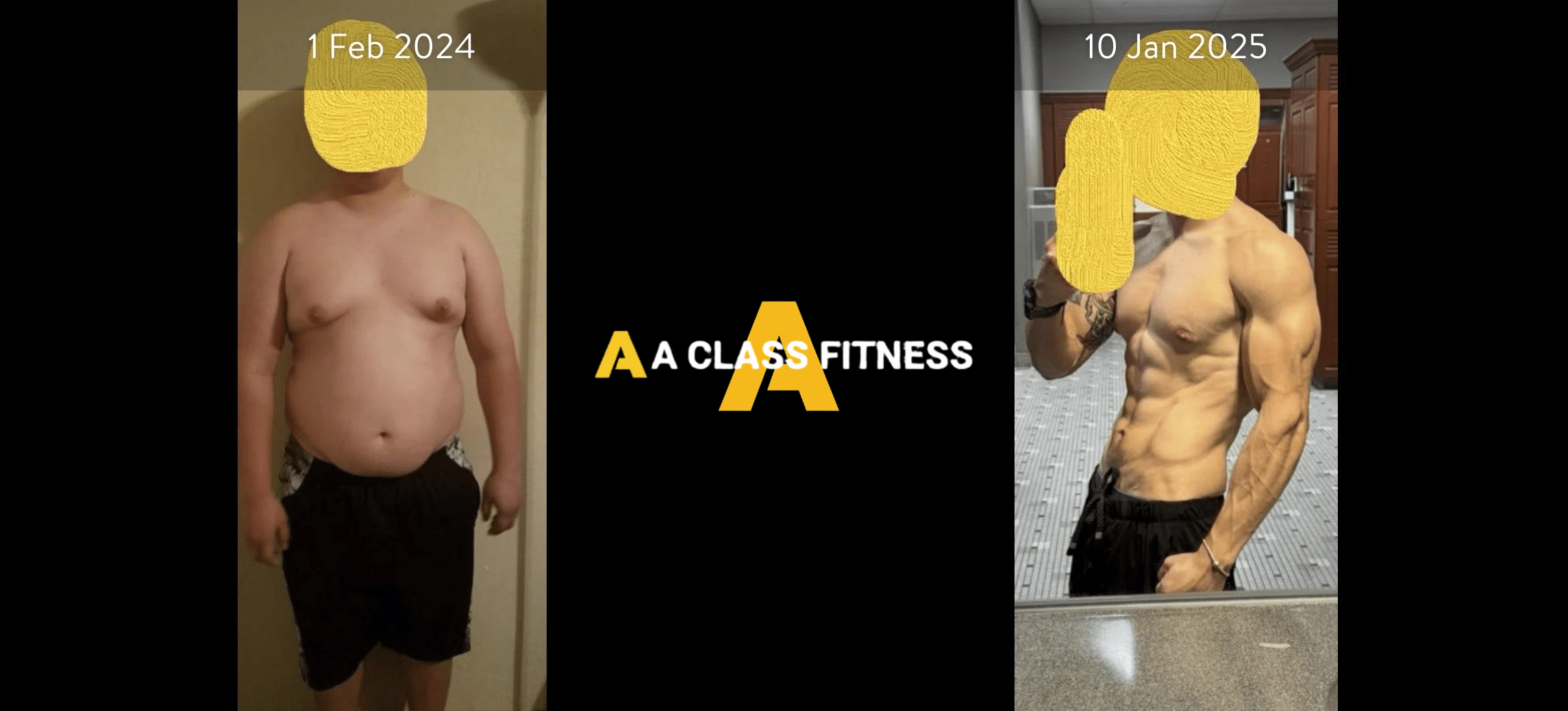A-Class Fitness online personal training male client transformation. Client lost over 40lbs and gained over 25lbs of muscle mass in 11 months using the mobile fitness app for a-class fitness. The photo has the a-class fitness logo in the middle. It also has the client's start and end date at the top.