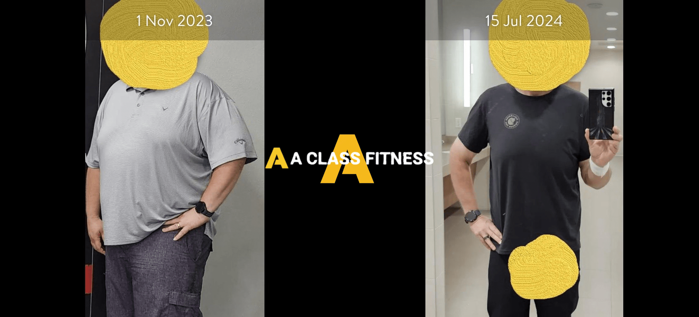 A-Class Fitness online personal training male client transformation. Client lost over 50lbs in 8 months using the mobile fitness app for a-class fitness. The photo has the a-class fitness logo in the middle. It also has the client's start and end date at the top.